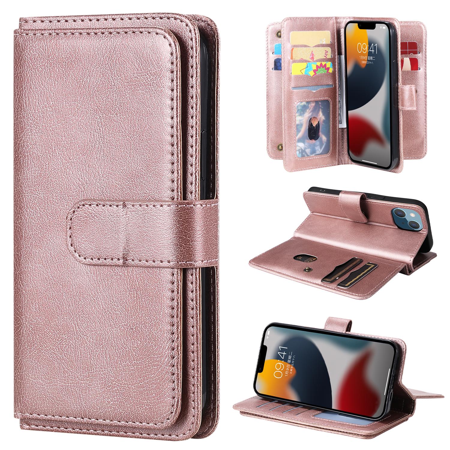 

For iPhone 15 Leather Case with 10 Card Holder Phone Cover Stand Rose Gold