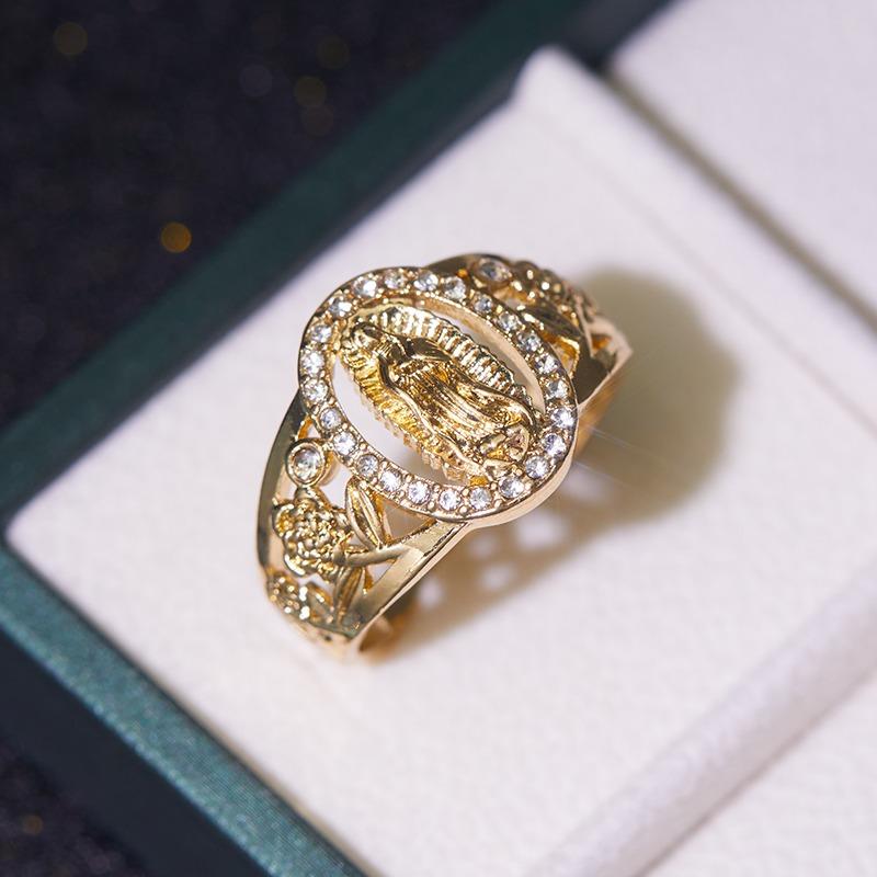 Classic Hip Hop Punk Gold Color Skeleton Flower Oval Mary Portrait Ring Unisex Fashion Party Jewelry Accessories