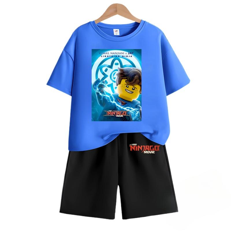 

Футболки и шорты MINISO Ninjago 2025 года с принтом в виде мультфильмов и аниме, шорты с короткими рукавами для мальчиков и девочек, комплект из двух предметов, летний детский комплект с короткими рукавами 130 синий