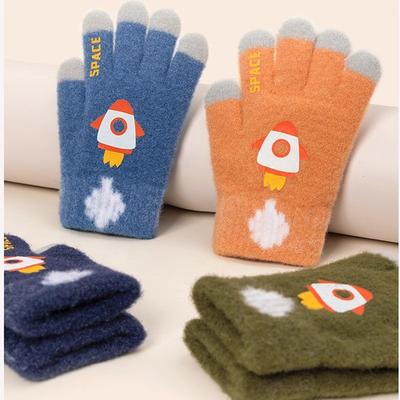Children's Gloves Boys Autumn and Winter Cartoon Cute Rocket Wool Knitted Warm and Cold Five-finger Primary School Students Outdoor