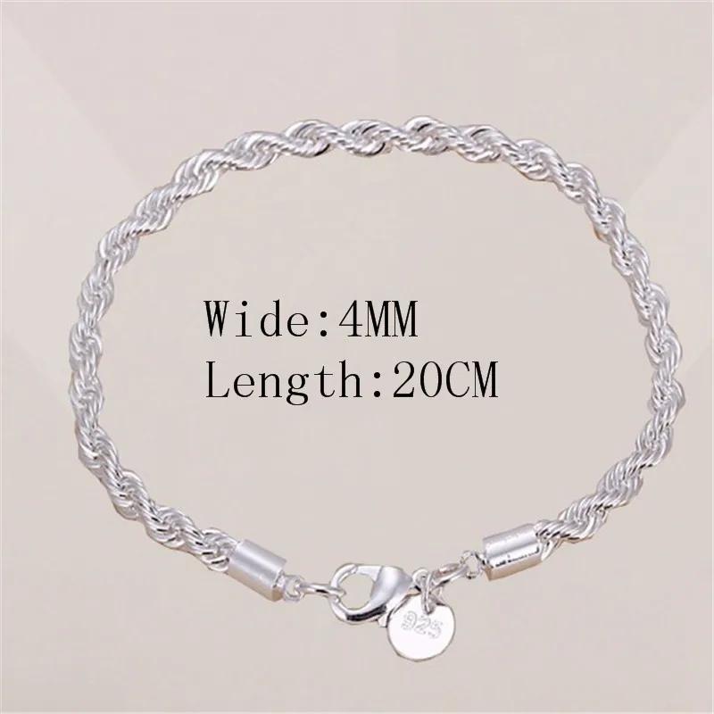 925 Silver 4MM Twisted Rope Bracelets For Women Men Fashion Minimalist Couple Chain Bracelet Male Unisex Jewelry Gifts