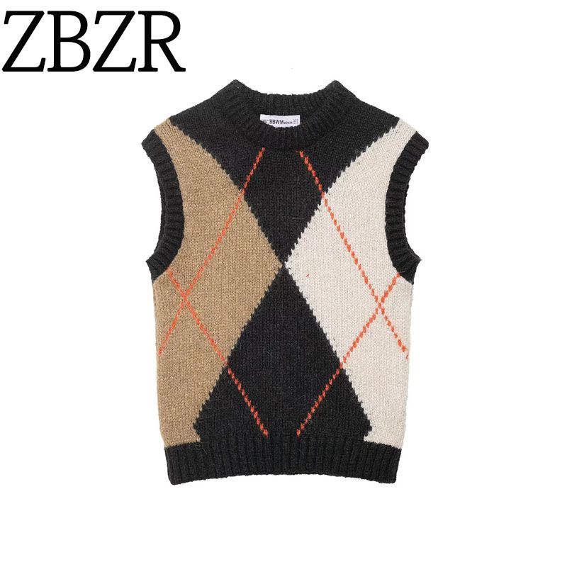 Zbzr Autumn New Women clothes Western Style Fashion Diamond Pattern Knitted Vest Style Top 6771110 330