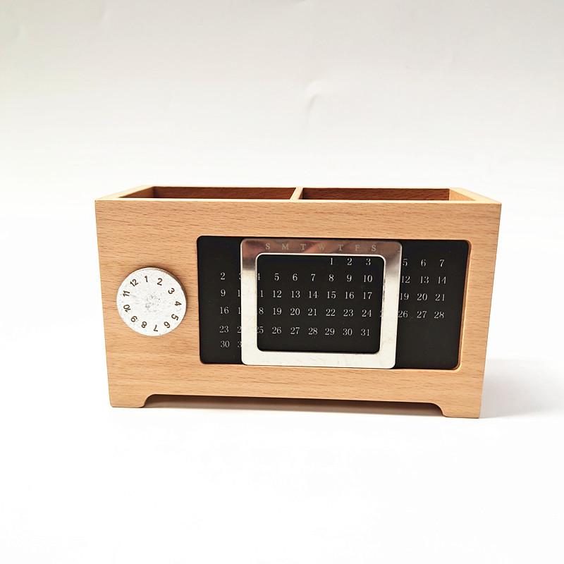 Available Solid Wood Desk Organizer: Perpetual Calendar & Pen Holder With Wooden Compartments and Chopstick Storage