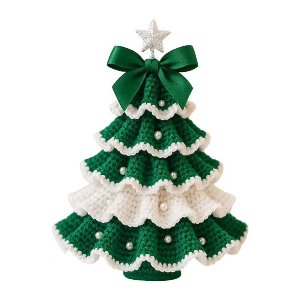 Handmade Crochet Christmas Tree Kit Festival with Bow Faux Pearl Christmas Party Crochet Decoration