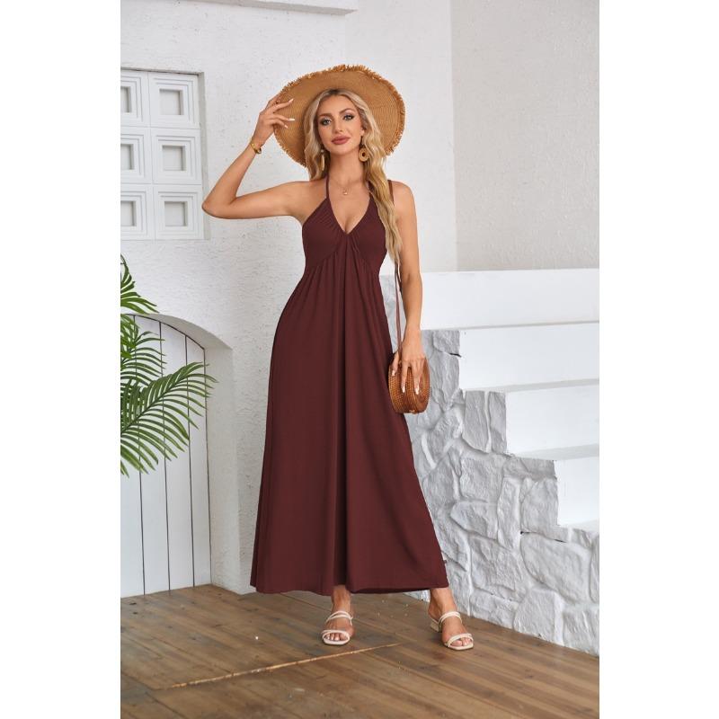 Fashion Sleeveless Party Sexy Dress Women Summer Clothing Backless Solid V-neck Loose Casual Dress Office Lady Elegant Pleated A-line Dresses 1077