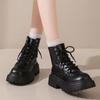 Mode Schwarze PU-Leder Plateau-Stiefeletten Damenmode Rutschfeste Plateau-Kampfstiefel Frau Dicke Sohle Reißverschluss Schnürung Botas Mujer