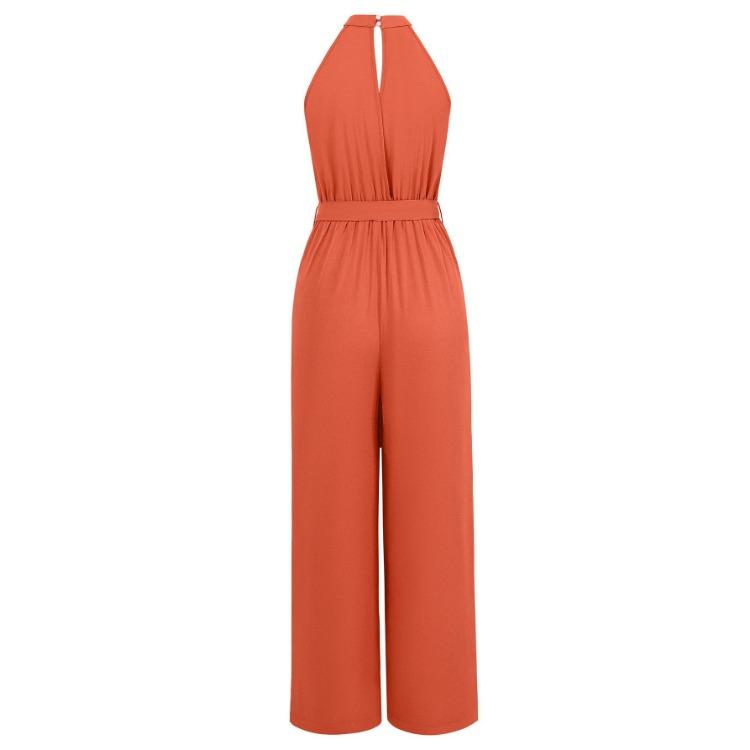 Summer Women Casual Sleeveless Halter Jumpsuit Loose High Waist Wide Leg Pants Solid Color Belt Jumpsuits Sizes S XL