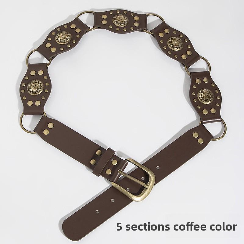 Vintage Western Style Faux Leather Belt With Spliced Carving And Unique Buckle For Fashion Women