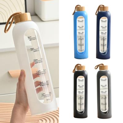 Glass Water Bottle 1 Liter Capacity Drinking Bottle with Time Mark Silicone Sleeve Leak-Proof Spout Lid Wide Mouth Water