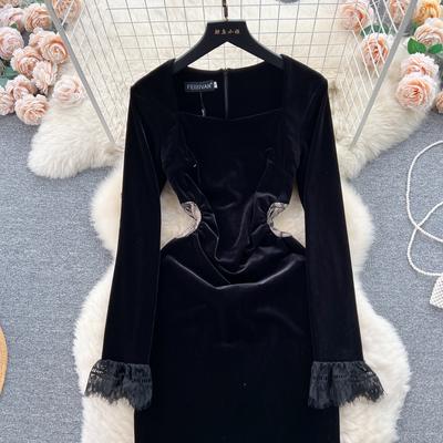 Vintage Hepburn-stijl fluwelen kant patchwork Christams feestjurk vrouwen vierkante kraag zwarte slanke bodycon avondjurken