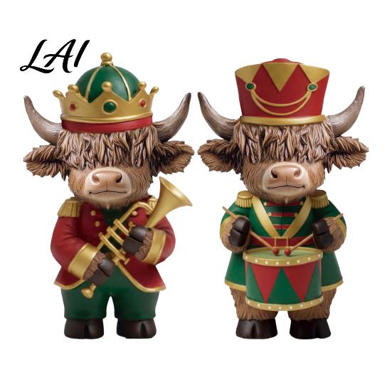 Exquisite Christmas Collectibles 2 Pcs Nutcracker Highland Cow Figurine Wooden Scottish Cattle Statue with Trumpet Playing Musical Ornaments