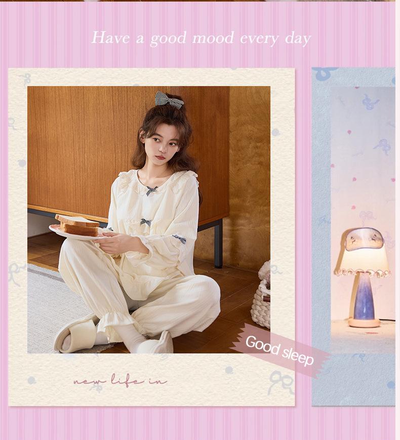 Women's French Court Style Cotton Pajama Set with Chest Pads - Long Sleeve, Long Pants for Spring & Autumn.