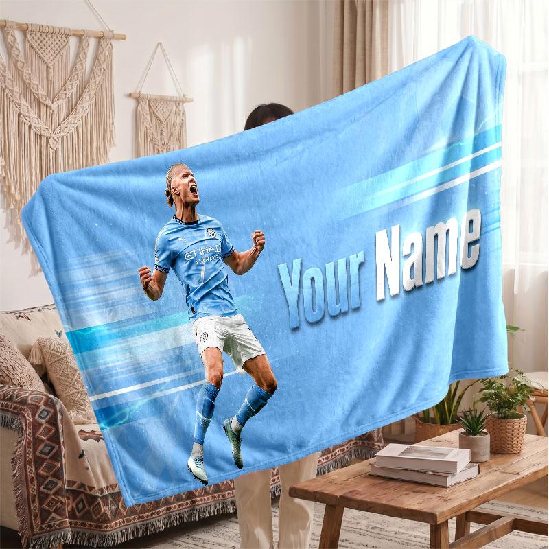Erling Haaland Personalized Fleece Blanket With Football Logo, Custom Name Text Soft Warm Home Throw Blanket