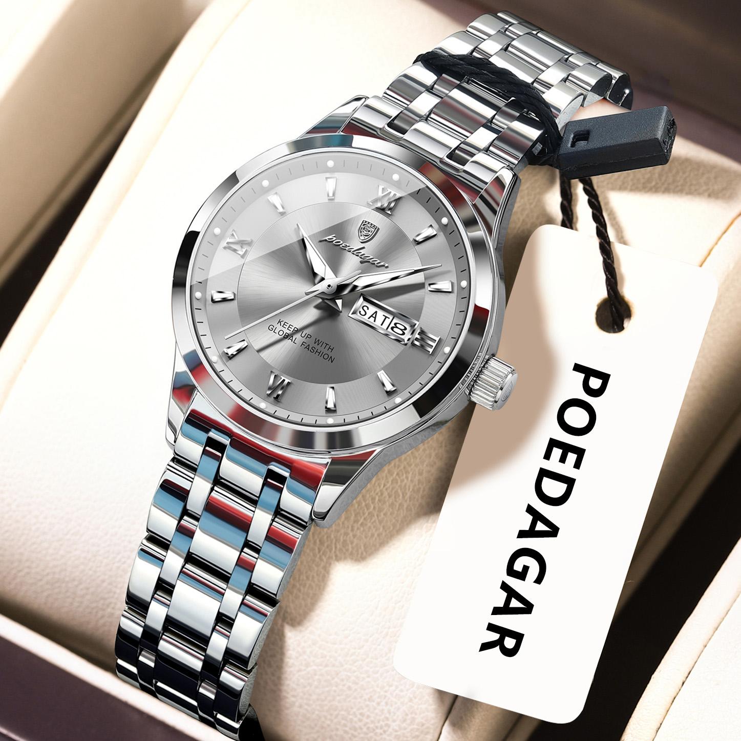 

POEDAGAR Luxury Watch for Ladies Luminous Waterproof Stainless Steel Wristwatch Quartz Week Date Women Watches + Box серый/серебряный