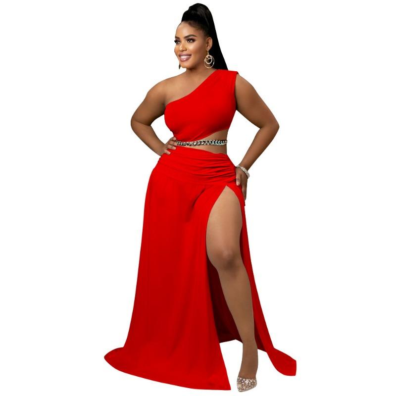 Plus Size Women's One Shoulder Cut Out Maxi Dress Chain Detail Ruched High Slit Party Gown