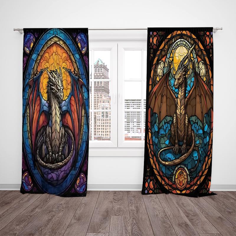 2 Stück - Ölmalerei-Stil Drache Polyester Vorhänge, Stangentaschen-Vorhänge 42*84, Schlafzimmer, Wohnzimmer, Heimzimmerdekoration