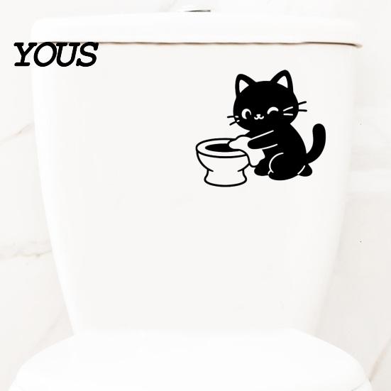Decorative Tiles Stickers Funny Black Cat Toilet Sticker, Cute Cartoon Bathroom Wall Decal, PVC Waterproof Removable Tank Sticker for Washroom