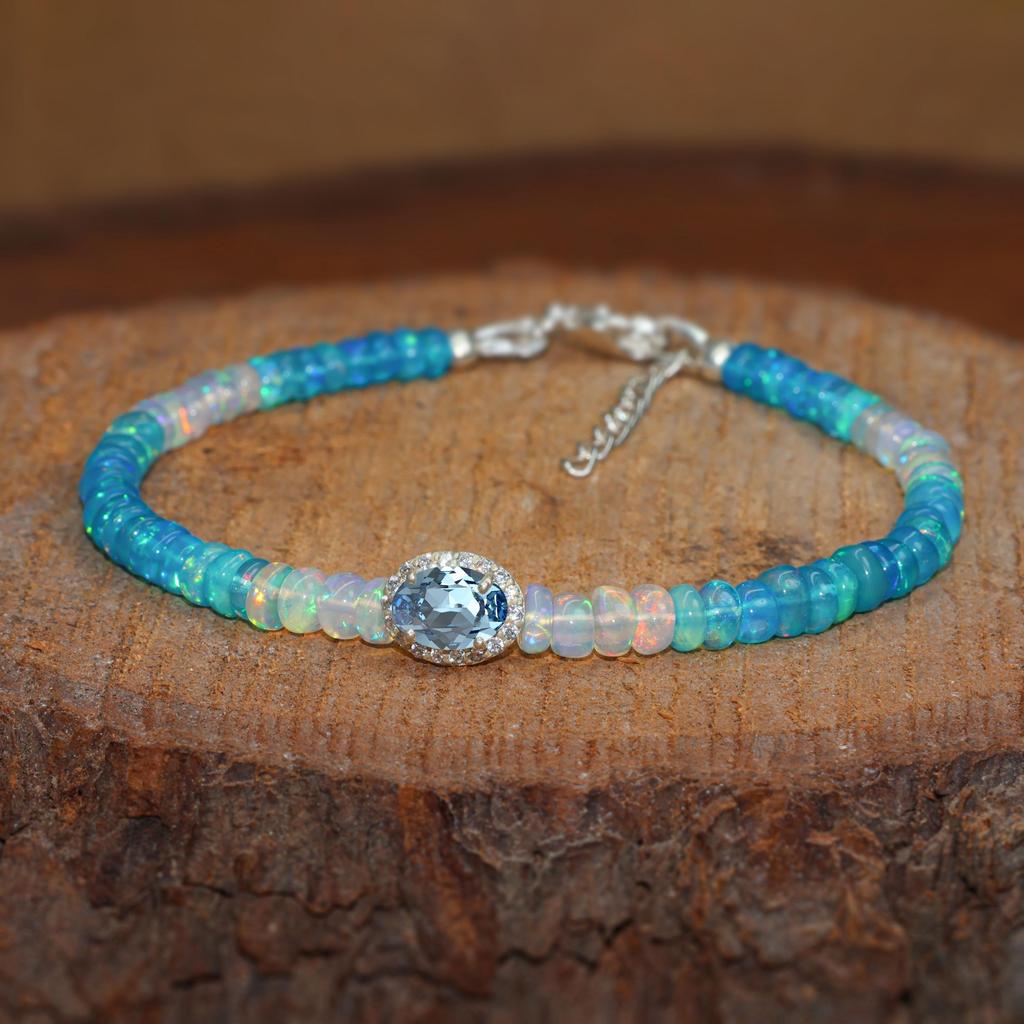Multifire Paraiba Opal Beads Charm Bracelet, Paraiba Opal Oval Charm Gold Bracelet, Delicate Bracelet, October Birthstone, Gift for Wife
