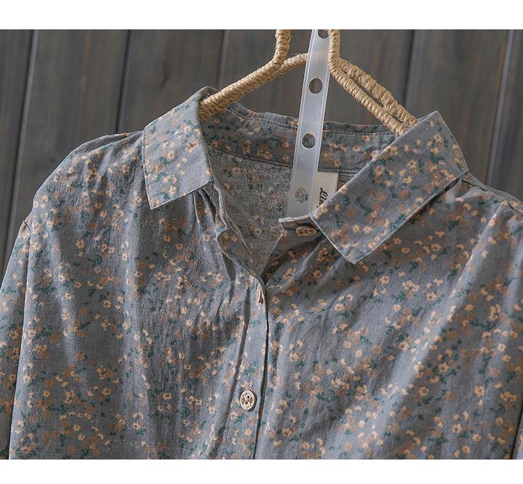 Women's Small Floral Cotton Linen Long Sleeve Shirt - Artistic Casual Spring/Autumn Outerwear