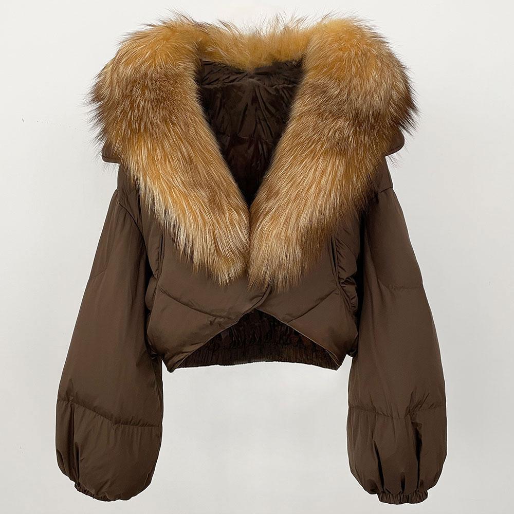 OFTBUY Jachetă de lux îngroșată și caldă de puf, la modă de iarnă, 90% puf de rață alb, haină scurtă pentru femei, cu guler de blană supradimensionat