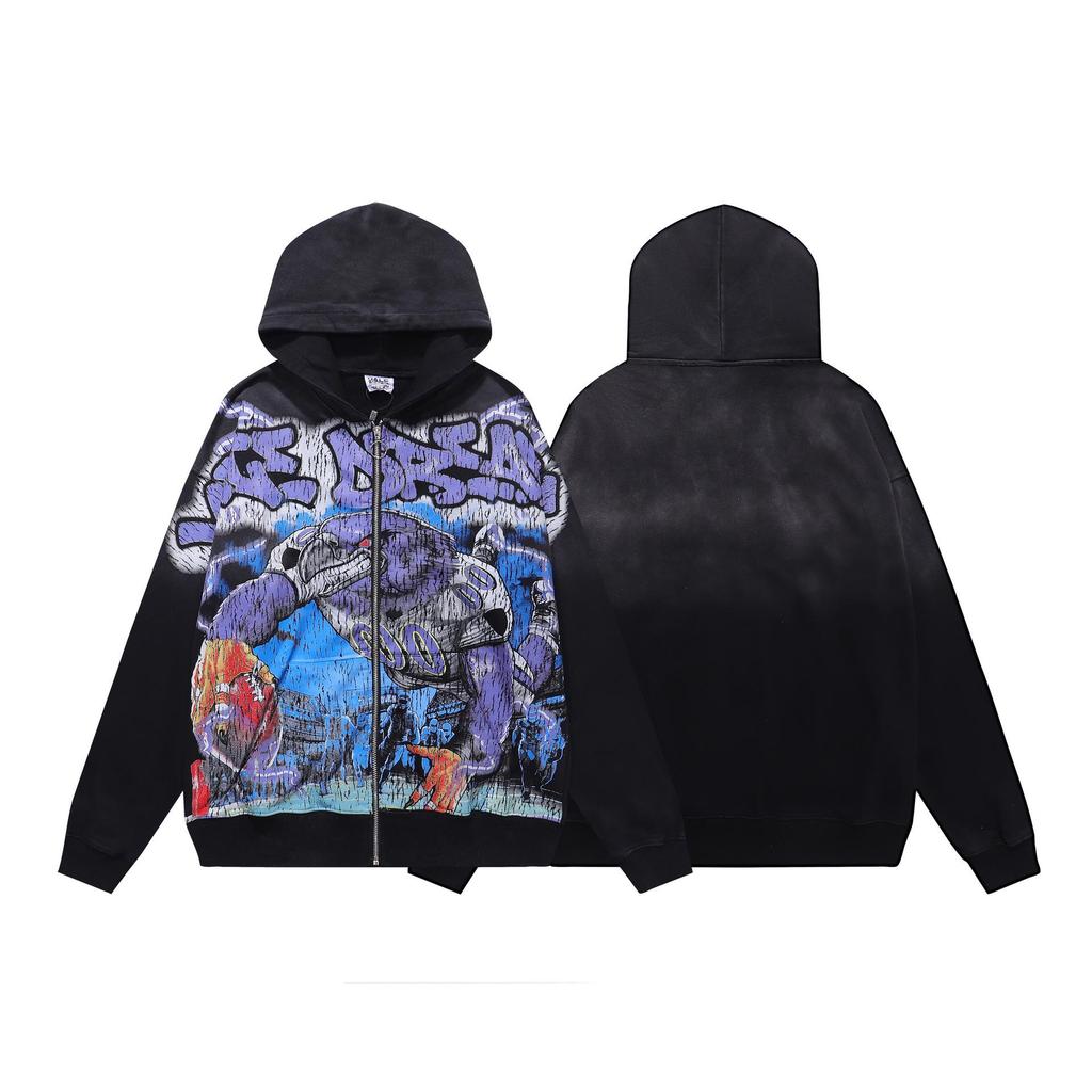 Unisex Retro Print Distressed Zipper Hoodie - Loose Fit, High Street American Style