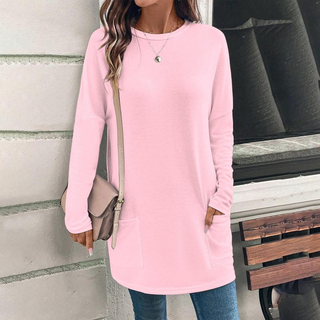 Blusa informal de manga larga con cuello redondo y bolsillos de color liso a la moda para mujer