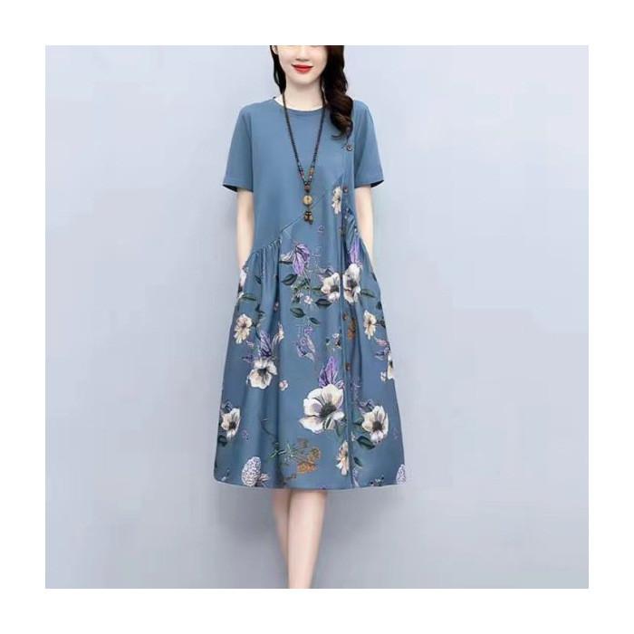 Vintage Floral Print A Line Dress With Button Front For Ladies Summer Casual Wear