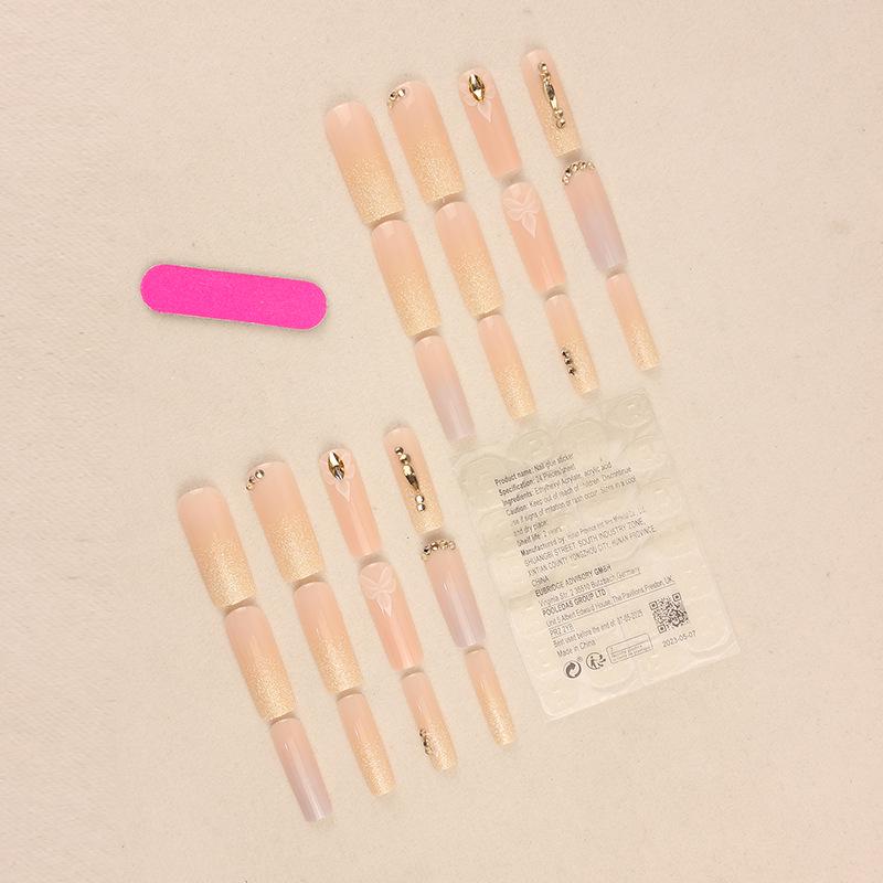 Long Champagne Gold Glitter Wearable Nails - Hot Girl Art Nude European & American False Nail Patches (Removable)