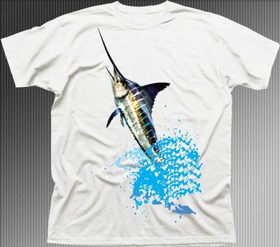 Blue Marlin Game Fishing White Boat Fish Printed Tshirt 9484