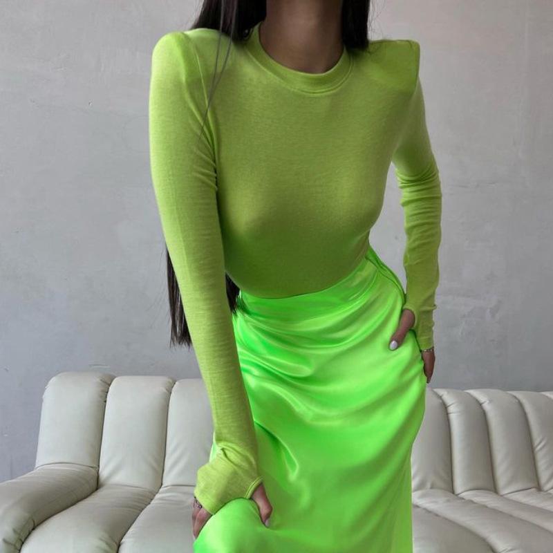 Shoulder pads European and American women's casual long-sleeved t-shirt spring and autumn solid color slim-fit jumper t-shirt women's street bottomin