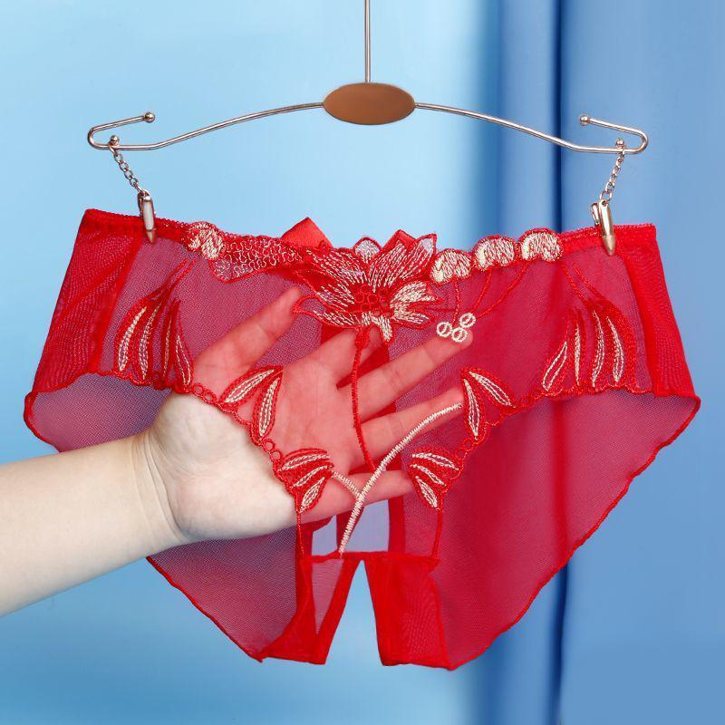 Sexy dámské průsvitné kalhotky Spodní prádlo Jacquard T-kalhoty s otevřeným rozkrokem Kalhotky jednobarevné spodní prádlo