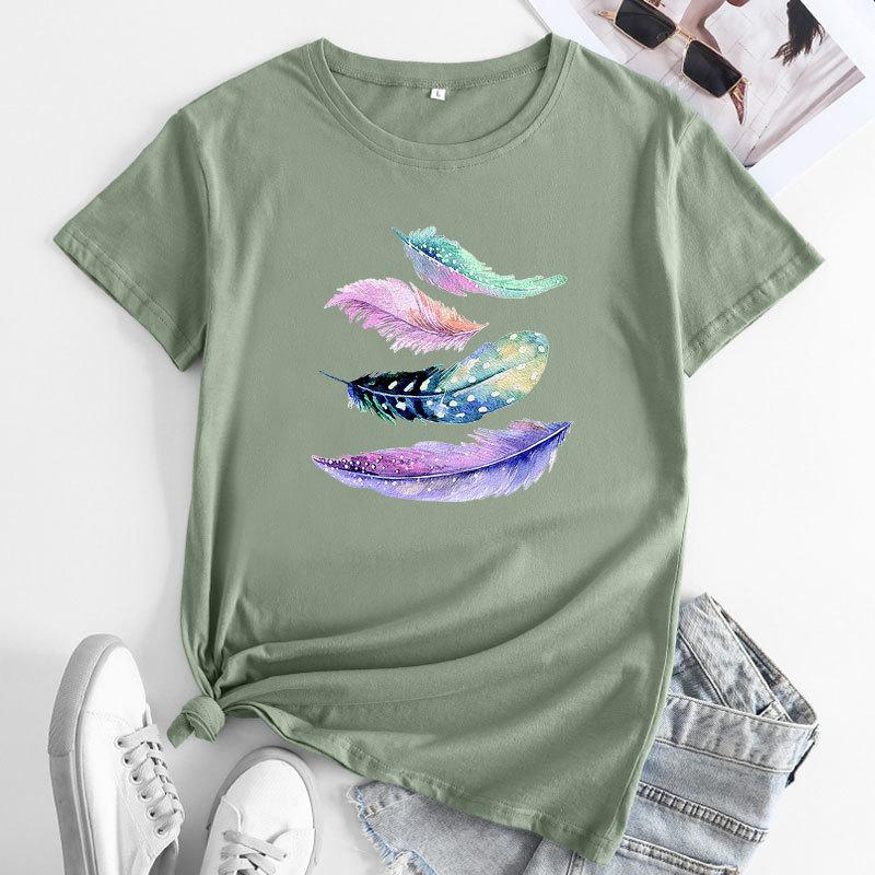 Summer Round Neck Colorful Feather Print Top Fashionable Casual Cute Short Sleeved Women's Pure Cotton T-shirts