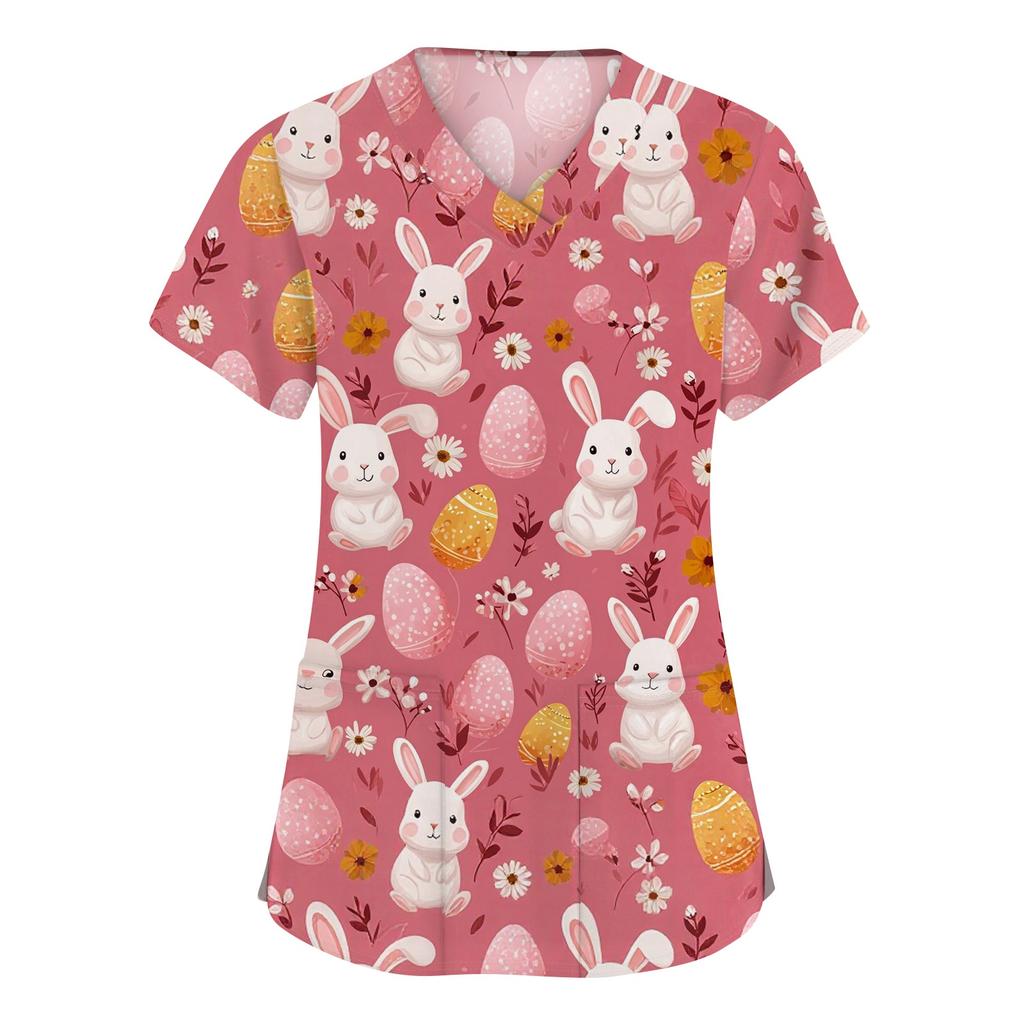 Moda damska Odzież robocza z dekoltem w serek i krótkimi rękawami z kieszeniami Topy z nadrukiem