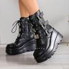 Fashion Women's Goth Platform Motorcycle Boots Punk Rivet Buckle Strap Combat Booties for Women Thick Bottom Wedge Heels Mid Calf Shoes
