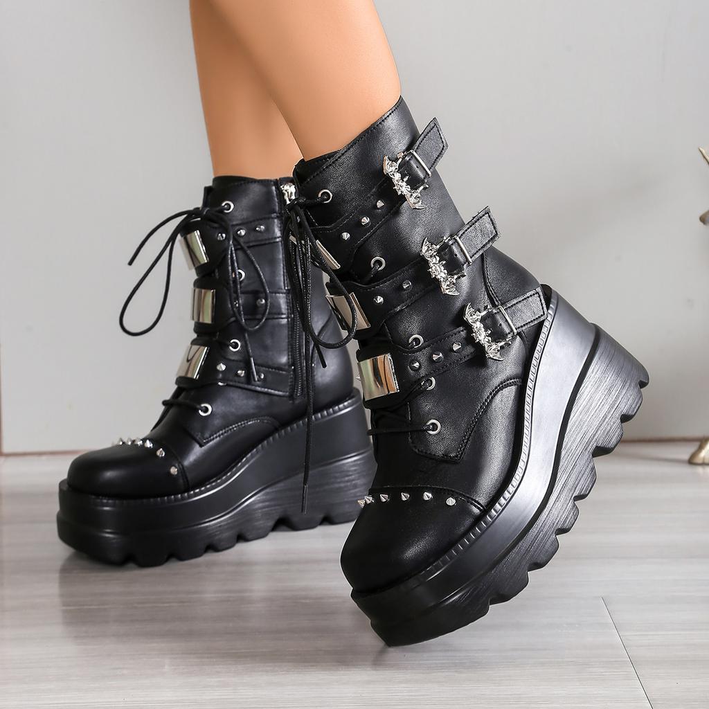 Fashion Women's Goth Platform Motorcycle Boots Punk Rivet Buckle Strap Combat Booties for Women Thick Bottom Wedge Heels Mid Calf Shoes