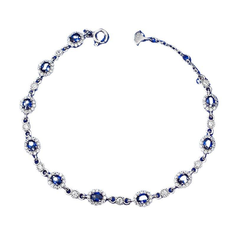Zhuozhifan S925 Sterling Silver Simulated Sapphire & Diamond Oval Bracelet for Women, Adjustable, Chinese Style.