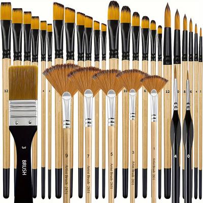 32pcs Paint Brush Set, Artist Series, Nylon Bristles with Round, Filbert, Flat, Fan, Angle, Detail Brush, Suitable for Painting