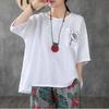 Retro Loose Large Size Women's Flower Embroidered Pocket Short-sleeved Loose Slim Blouse Cotton Linen T-shirt Half-sleeved Top