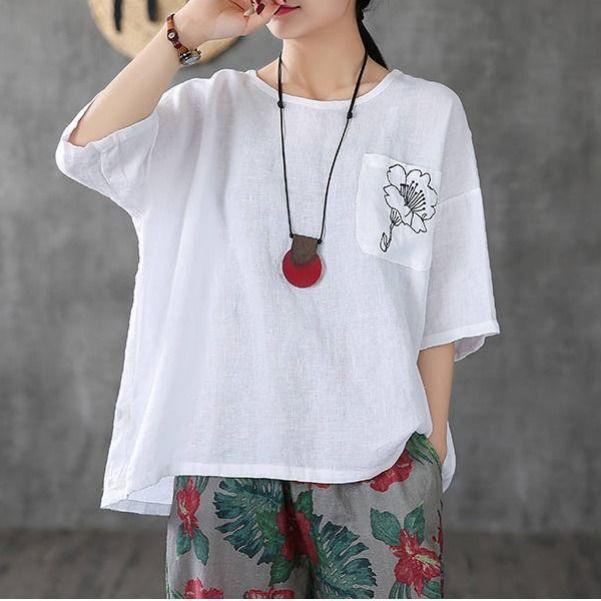 Retro Loose Large Size Women's Flower Embroidered Pocket Short-sleeved Loose Slim Blouse Cotton Linen T-shirt Half-sleeved Top