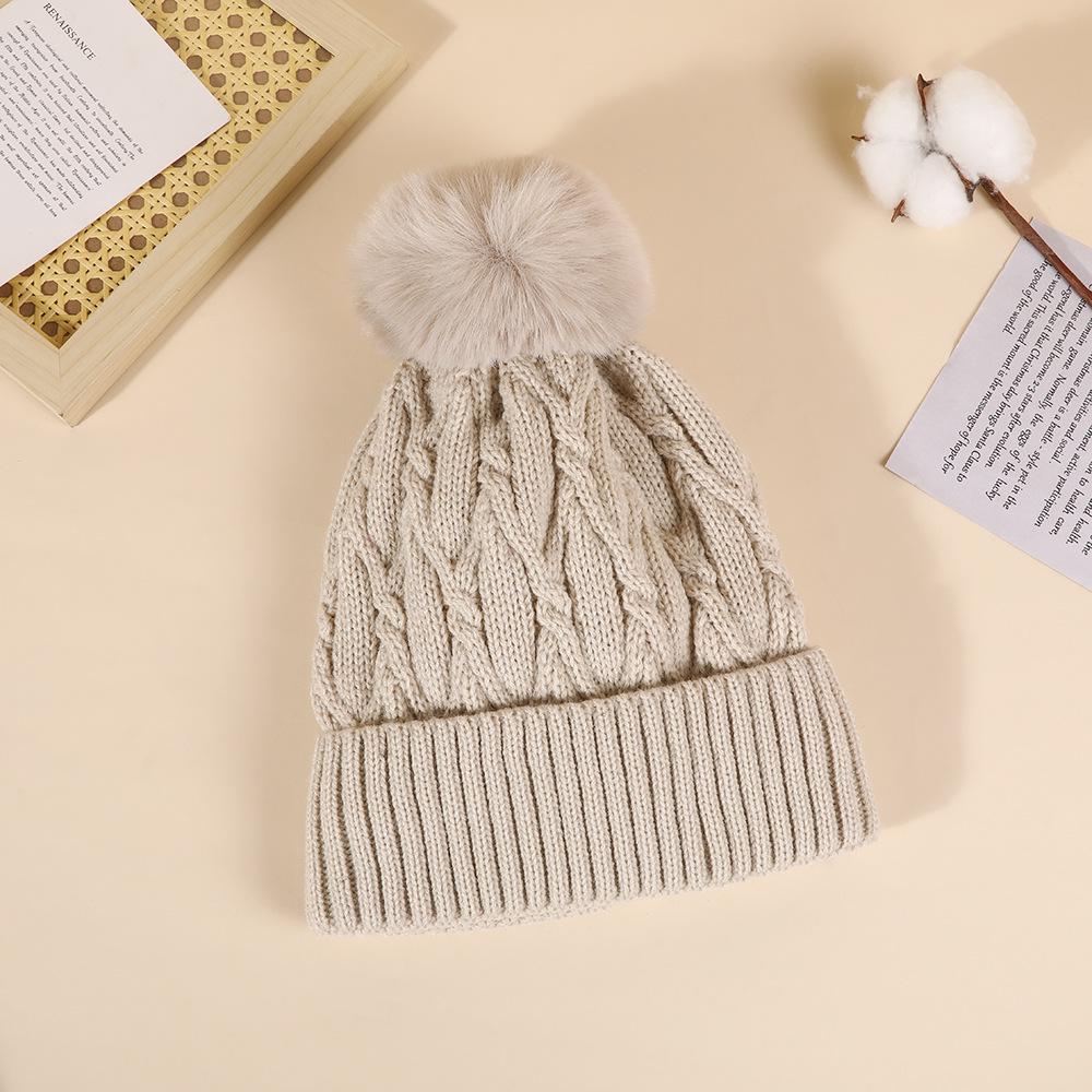 Women's Outdoor Thick Knit Jacquard Hat with Velvet Wool Ball Ear Protection
