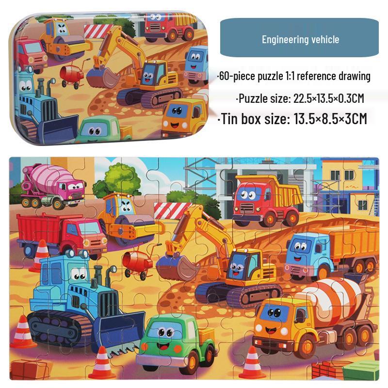 60-Piece Children's Wooden Cartoon Jigsaw Puzzle in Tin Box for Early Education