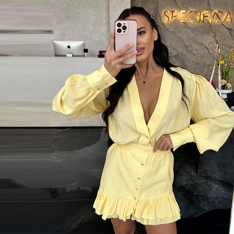 Casual Shirt Mini Dress Women Loose V-neck Buttons Dresses Lady Full Sleeve Spring Summer Above Knee Solid Robe Woman Streetwear