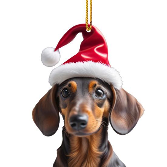 1/7Pcs Christmas Acrylic Dachshund Hanging Decoration Car Rearview Mirror Xmas Tree 2D Flat Santa Hat Dog Hanging Ornament Holiday Party Pendant
