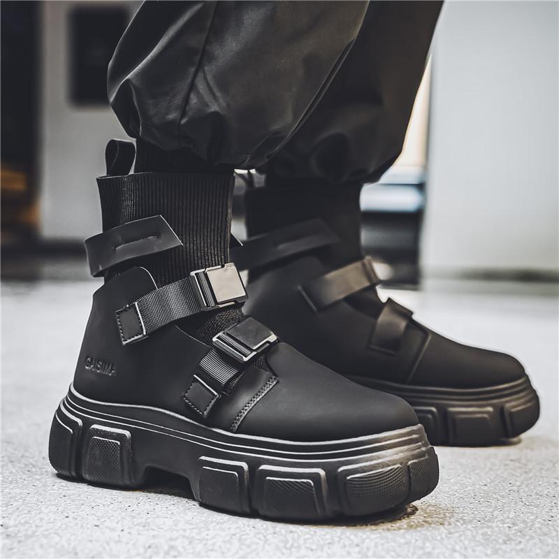 Fashion Gray Men's Buckle Strap Boots Trendy Designer Socks Boots Men Tooling Platform Shoes Man Slip-On Autumn Winter Footwear