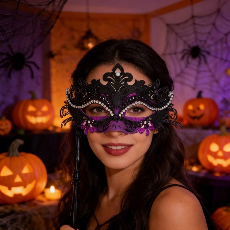 Elegant Detachable Half Face Mask Set With Metal And Rhinestones Decoration For Costume Parties And Halloween