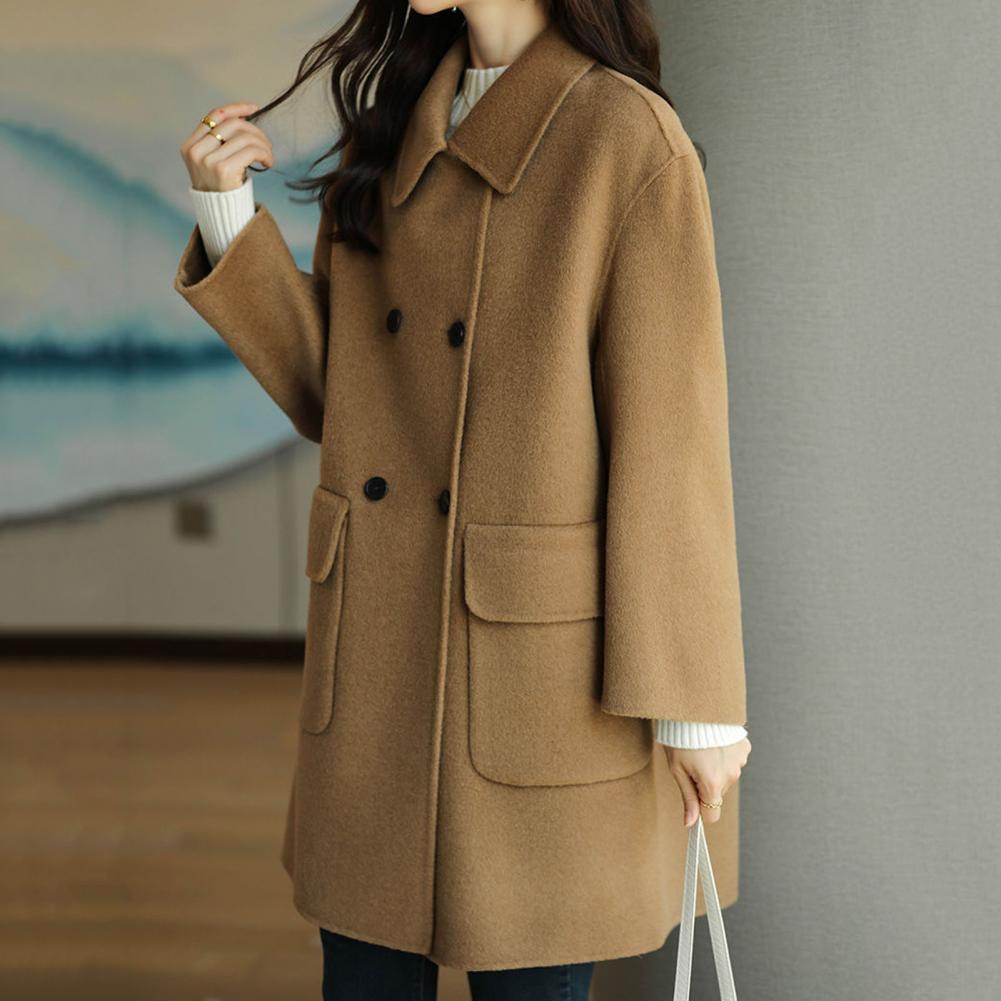 Women Jacket Turn-down Collar Long Sleeves Double-breasted Windbreaker Relaxed Fit Pockets Mid Length Outdoor Activity Travel Commuting Overcoa