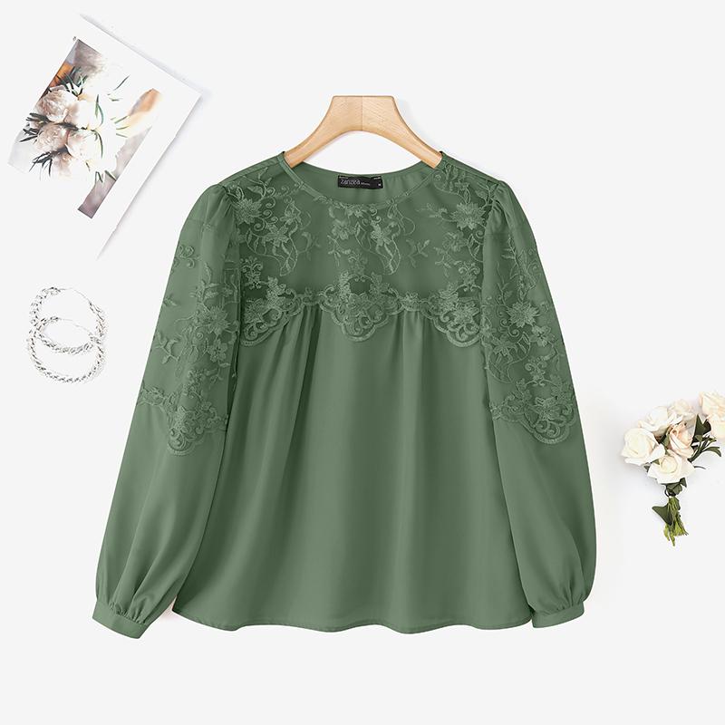 

ZANZEA Women Casual Mesh Patchwork Round Neck Loose Long Sleeve Blouse S зелёный