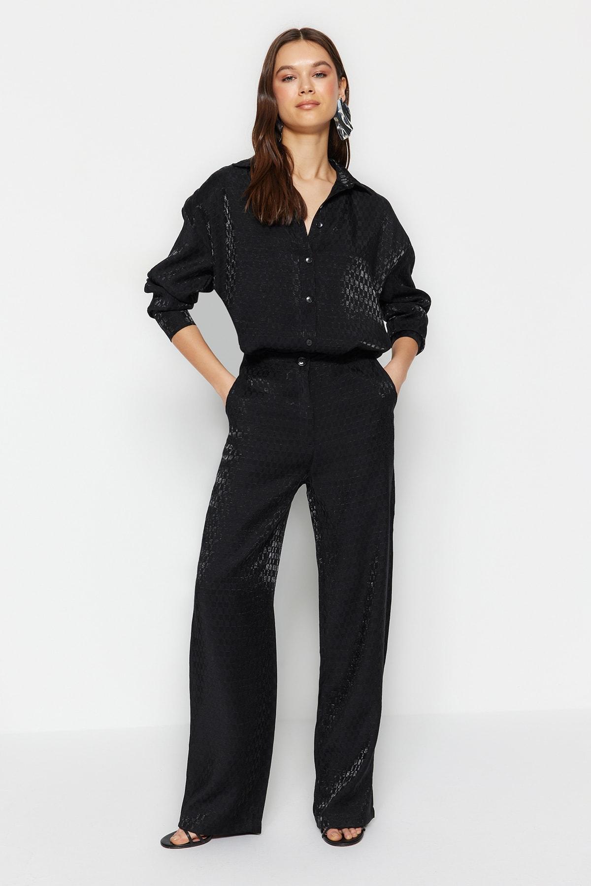 

Черные широкие брюки из жаккардовой ткани с высокой талией TWOSS23PL00178..