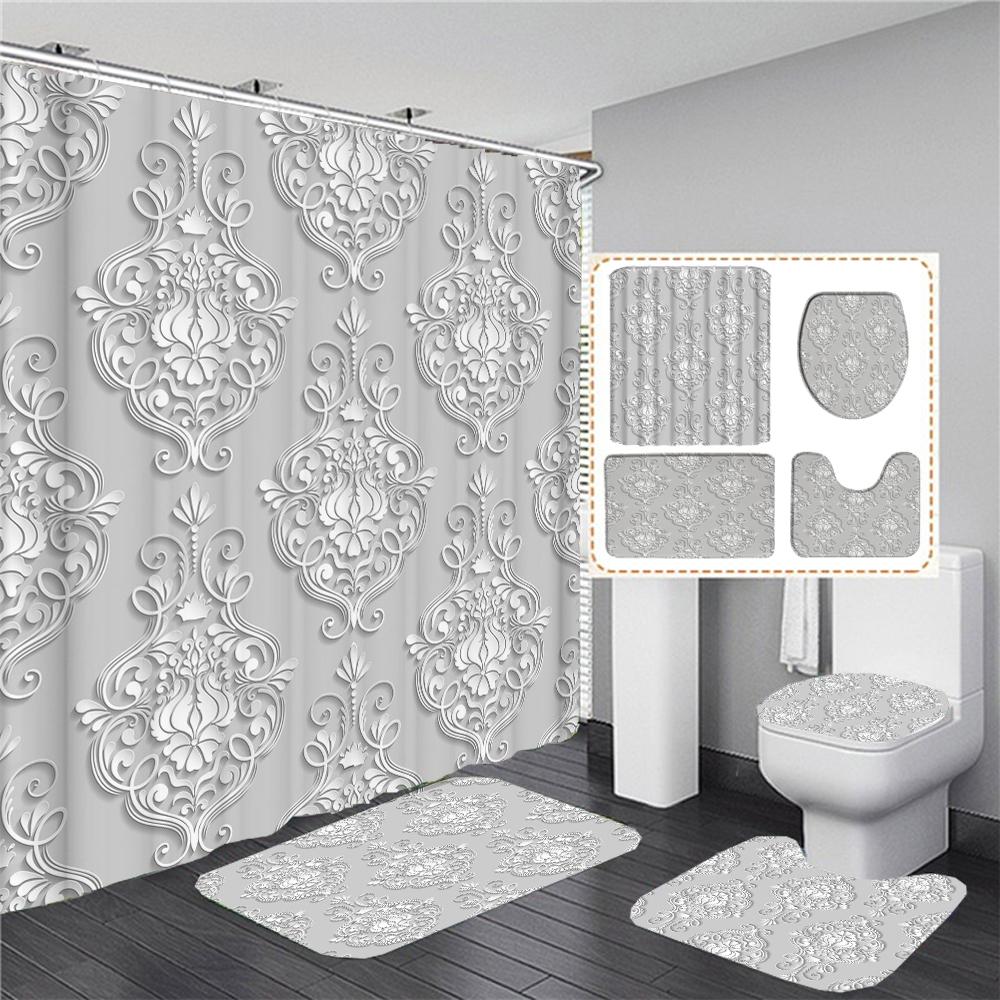 Elegant Bukett Av Fantastiska Vita Blommor 3D-stil Duschdraperi Badrumsgardin Med Badrumsmatta Mattset Blommig Heminredning
