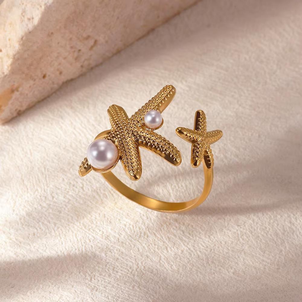 Hav Stjerne Skjell Åpne Ringer For Kvinner Gullfarge Rustfritt Stål Ring Sommer Strand Estetisk Vanntett Zirkon Gave